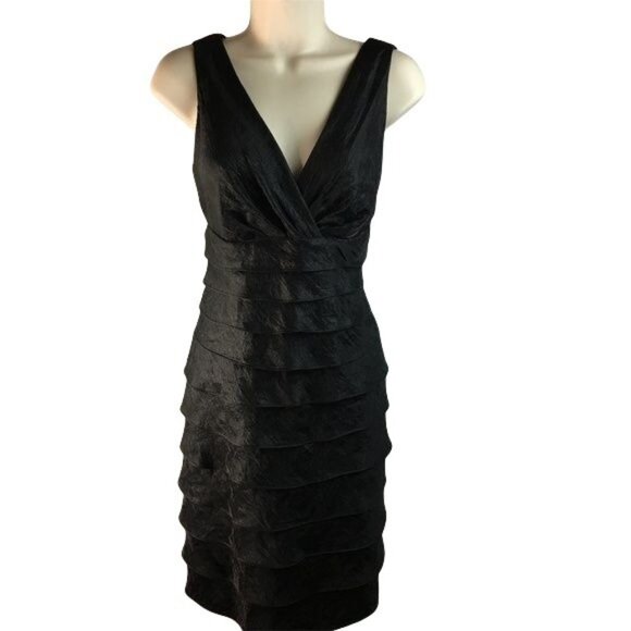 London Times Black Tiered Party Evening  Cocktail Dress Bodycon Size 8 P u - Picture 1 of 5